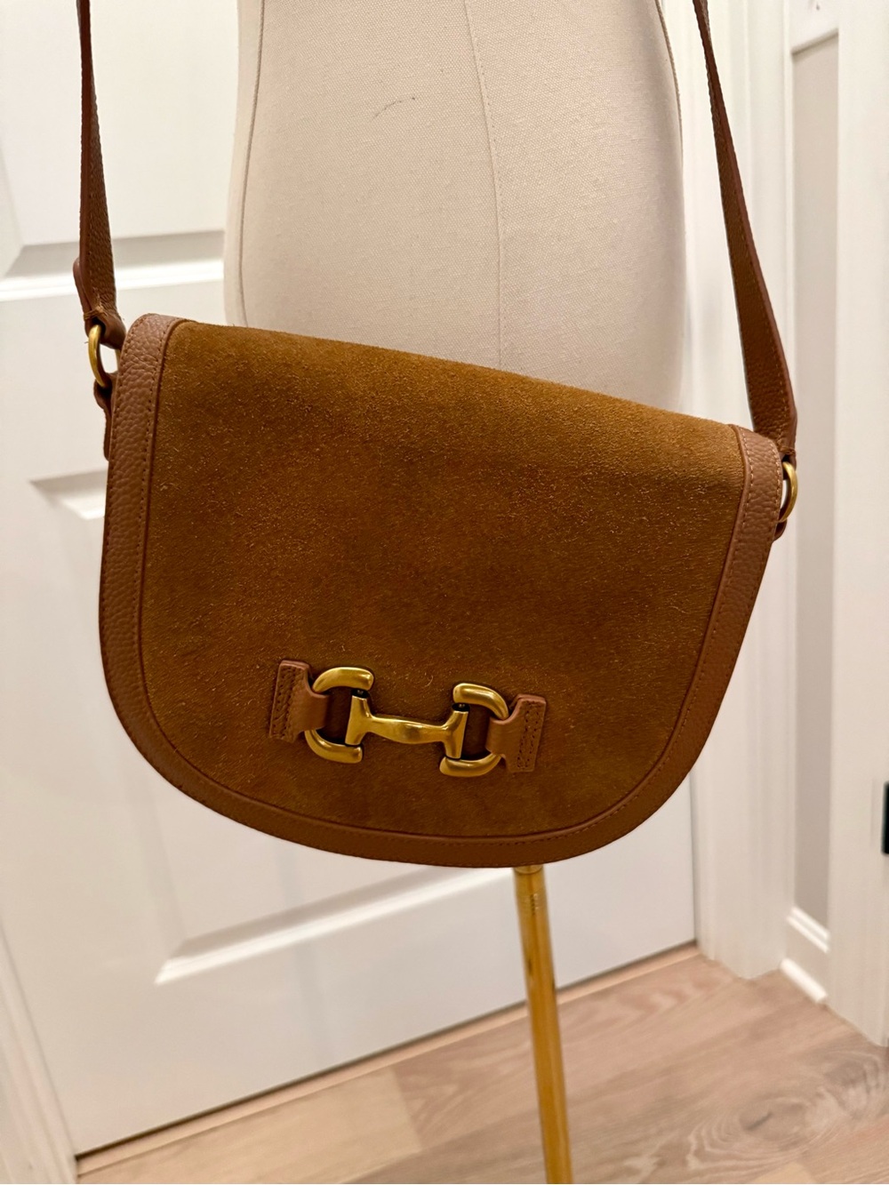 Cognac Suede Crossbody Bag with Gold Hardware